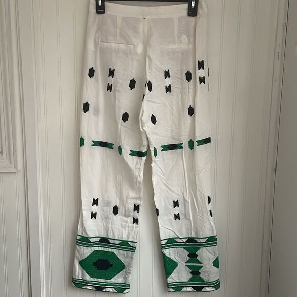 Zara Embroidered Linen Blend Pants White Green Aztec Design Pocket Blogger Fav S - Picture 5 of 16